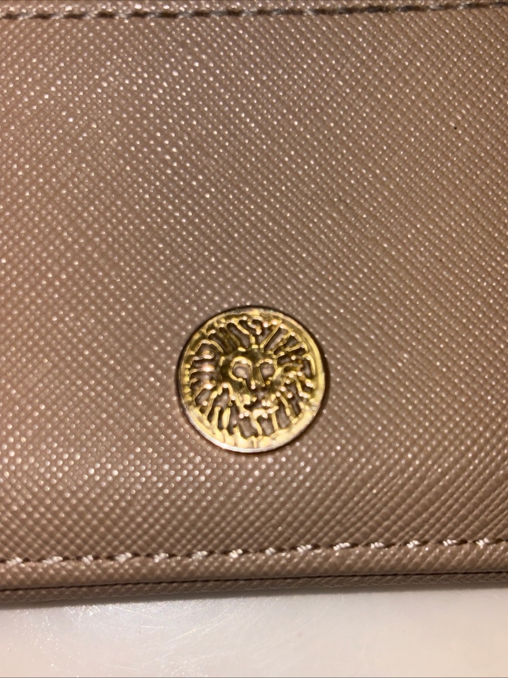 Anne Klein Taupe Saffiano Wallet with Gold Medallion